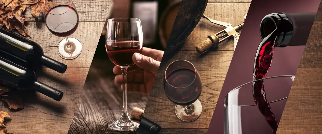 Collage de bouteilles de vin, verres de vin rouge, tire-bouchon et feuilles d'automne sur fond de bois.