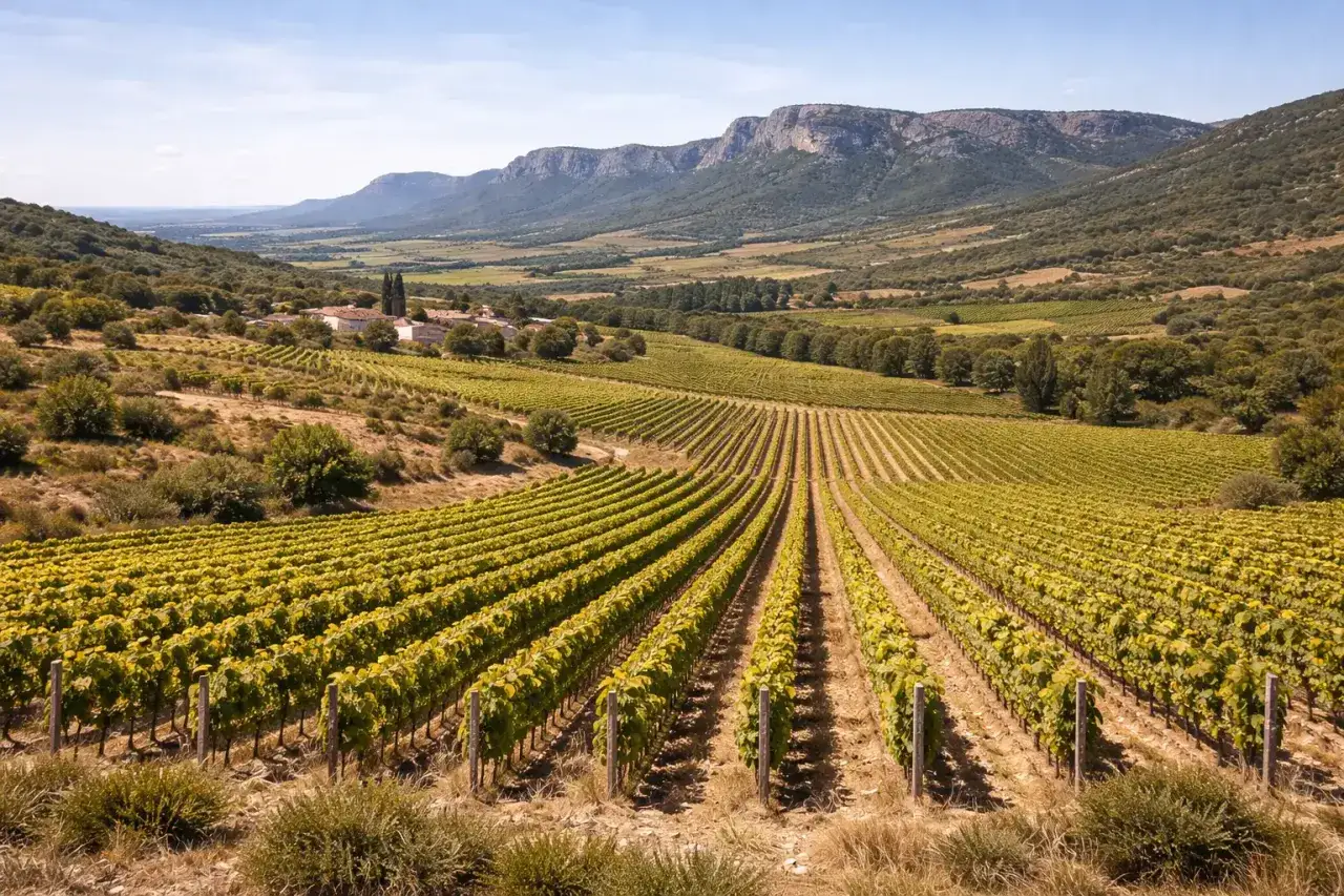Vastes vignobles en terrasses sous un ciel bleu, avec un village au loin. Paysage typique du Languedoc Roussillon.