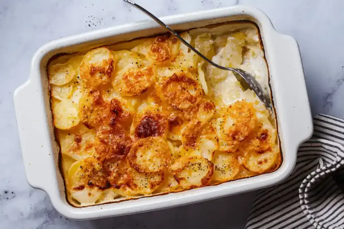 Un plat de gratin dauphinois, avec ses fines tranches de pommes de terre dorées et crémeuses, évoque le vrai gratin dauphinois origine.