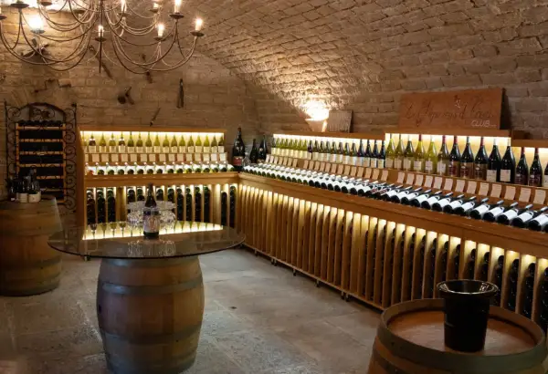 Cave voûtée du **domaine de Montmain** avec étagères en bois illuminées présentant de nombreuses bouteilles de vin, tonneaux et lustre ancien.