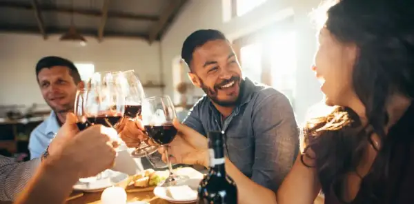 Des amis trinquent avec des verres de vin rouge lors d'une soirée dégustation vin conviviale, riant sous le soleil.
