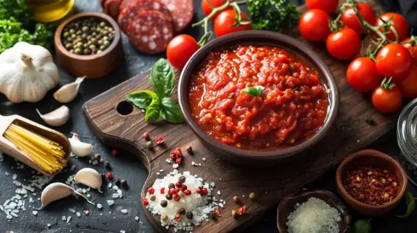 Un bol de sauce tomate épicée, parfaite pour accompagner des pâtes ou une pizza. Des tomates fraîches, de l'ail, du basilic et des épices complètent cette scène culinaire.