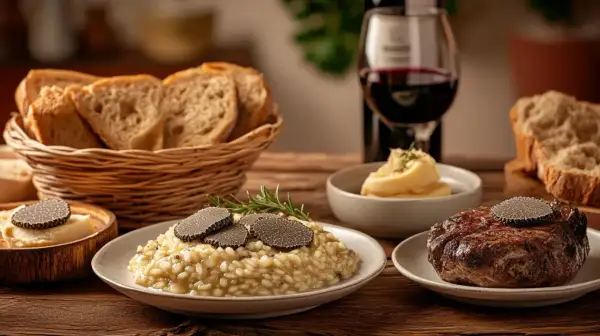 Un festin gastronomique avec un risotto crémeux, un steak savoureux et du pain frais, le tout sublimé par la truffe de Bourgogne.