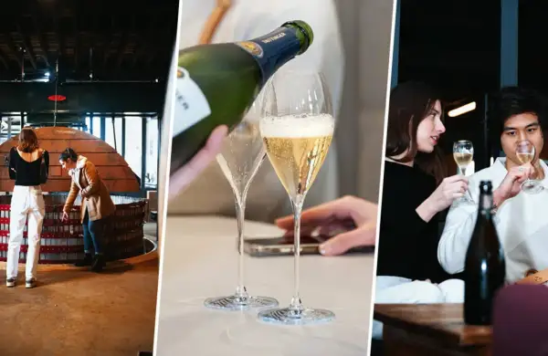 Trois scènes de dégustation champagne Paris : visite de cuverie, service à table et moment convivial entre amis.