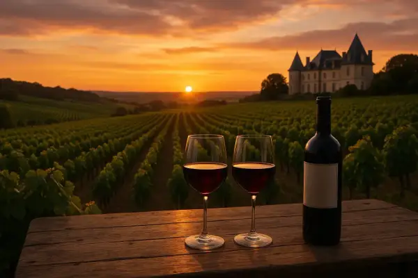 Un coucher de soleil doré sur un domaine viticole de Bordeaux, avec deux verres de vin rouge et une bouteille sur une table en bois.