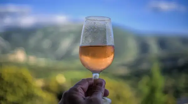 Un verre de vin rosé frais, avec des gouttes de condensation, tenu à la main devant un paysage de montagne flou. Un moment de détente avec un vin d'une région ensoleillée.