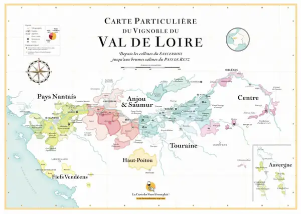 Carte des vins du Val de Loire, des collines du Sancerrois aux brumes salines du Pays de Retz. Explorez les vignobles de Nantes, Anjou, Saumur, Touraine, Centre et Auvergne.