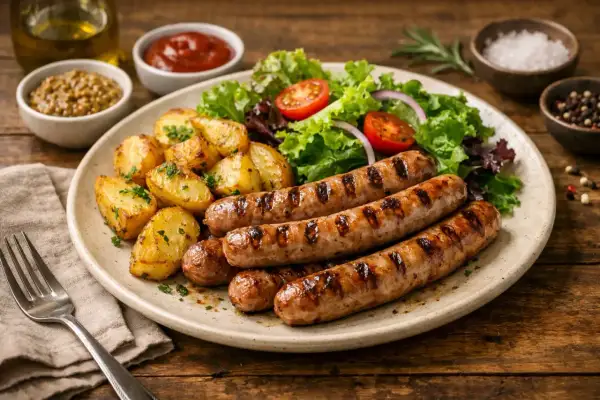Assiette de chipolatas d'origine française grillées, accompagnées de pommes de terre rôties et d'une salade fraîche.