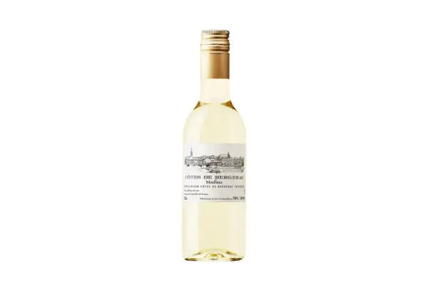 Bouteille de vin blanc Côtes de Bergerac Moelleux avec une étiquette illustrée.
