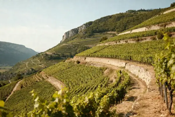 Vignoble en terrasses sur une colline escarpée, évoquant la célèbre cave Côte Rôtie. Le soleil dore les vignes luxuriantes.