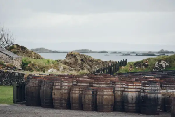 Barils de vieillissement devant une distillerie Écosse, avec la mer et des rochers en arrière-plan.