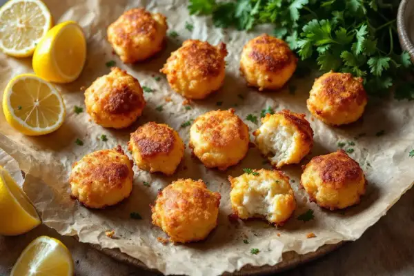 Douze accras de morue antillais dorés et croustillants, parsemés de persil frais, avec des quartiers de citron jaune.