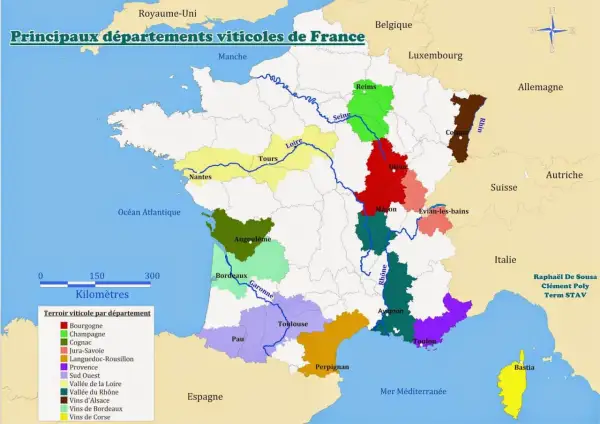 Carte des principaux départements viticoles de France, montrant la diversité de chaque région des vins.