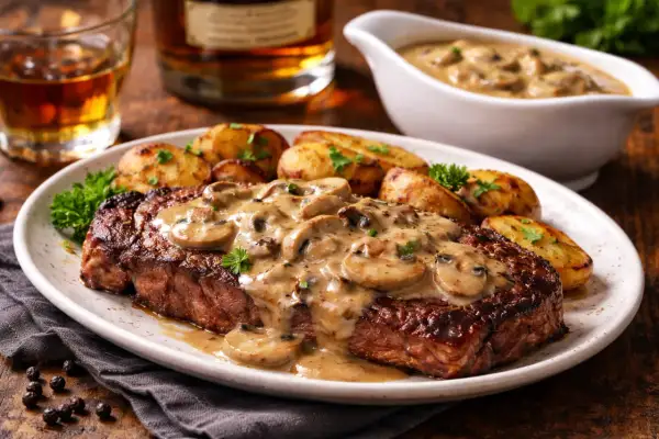 Un steak savoureux nappé d'une sauce crémeuse aux champignons et whisky, accompagné de pommes de terre rôties.