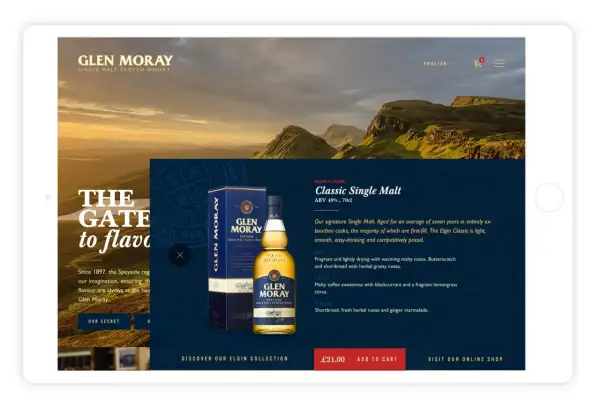Un flacon de whisky Glen Moray Elgin Classic sur un site web. Avis sur le Glen Moray whisky.