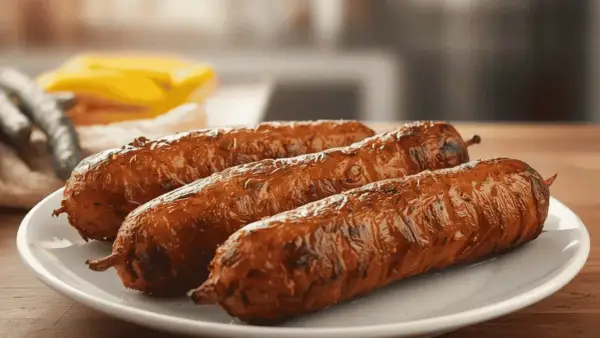 Trois andouillettes grillées sur une assiette blanche.