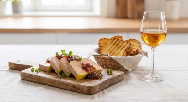Tranches de foie gras mi cuit ou entier, garnies de confiture de figues et de pousses vertes, servies avec des toasts grillés et un verre de vin blanc.