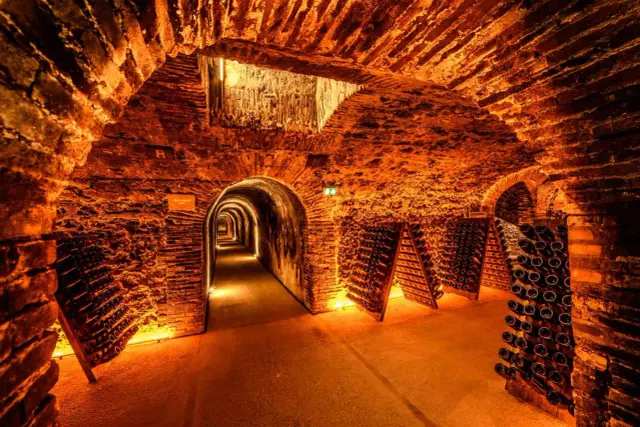 Cave voûtée en briques illuminée, remplie de bouteilles de champagne en vieillissement. Un tunnel s'enfonce dans la pénombre, promettant les secrets d'Épernay champagne.